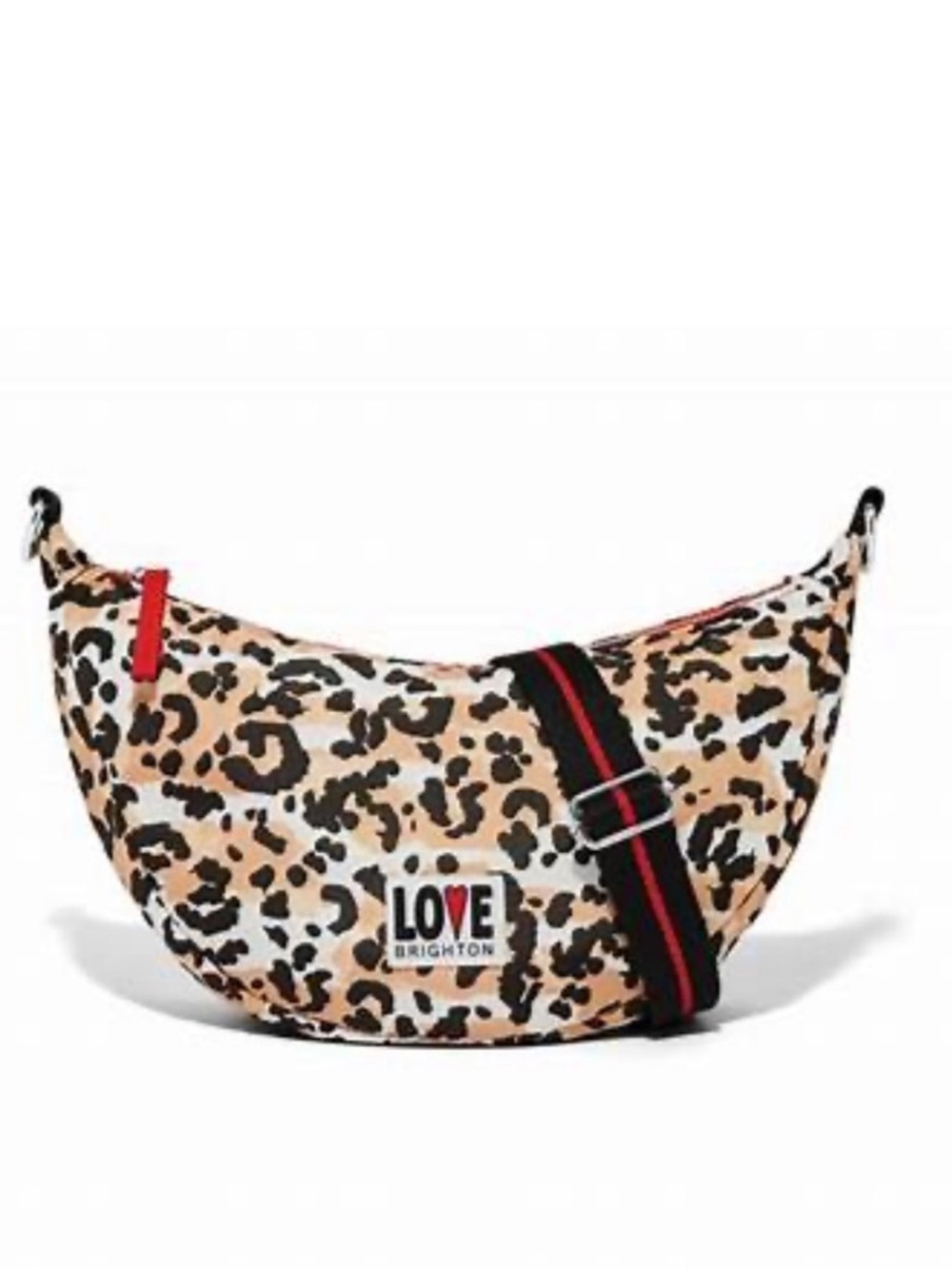 New Brighton Spotted LOVE Leopard Print Swing Bag in Beige, Black and Red Accent